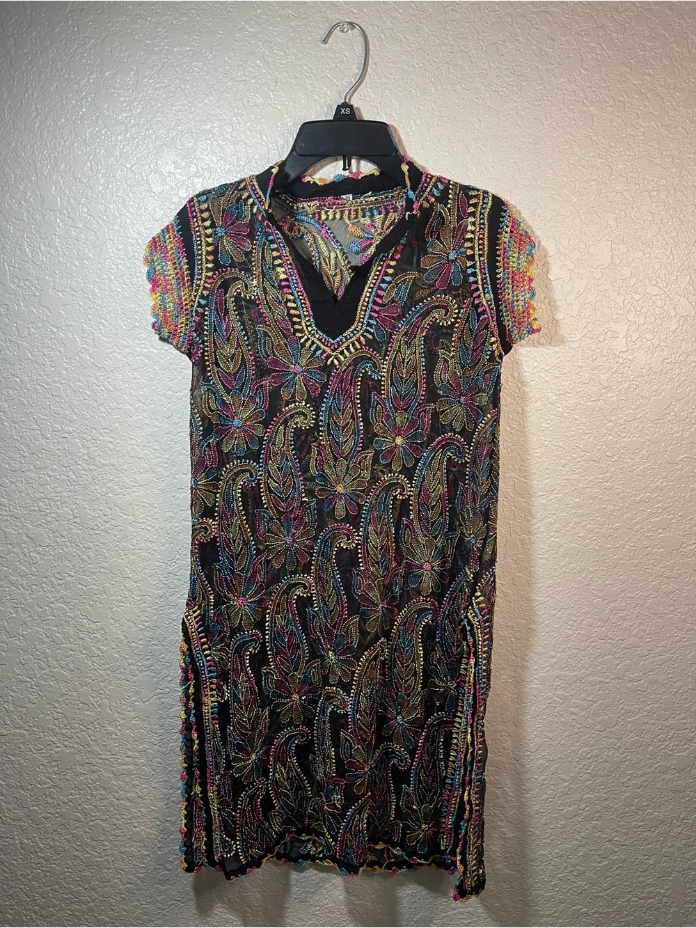 Black Multicolor Floral Embroidered Swim Coverup Dress